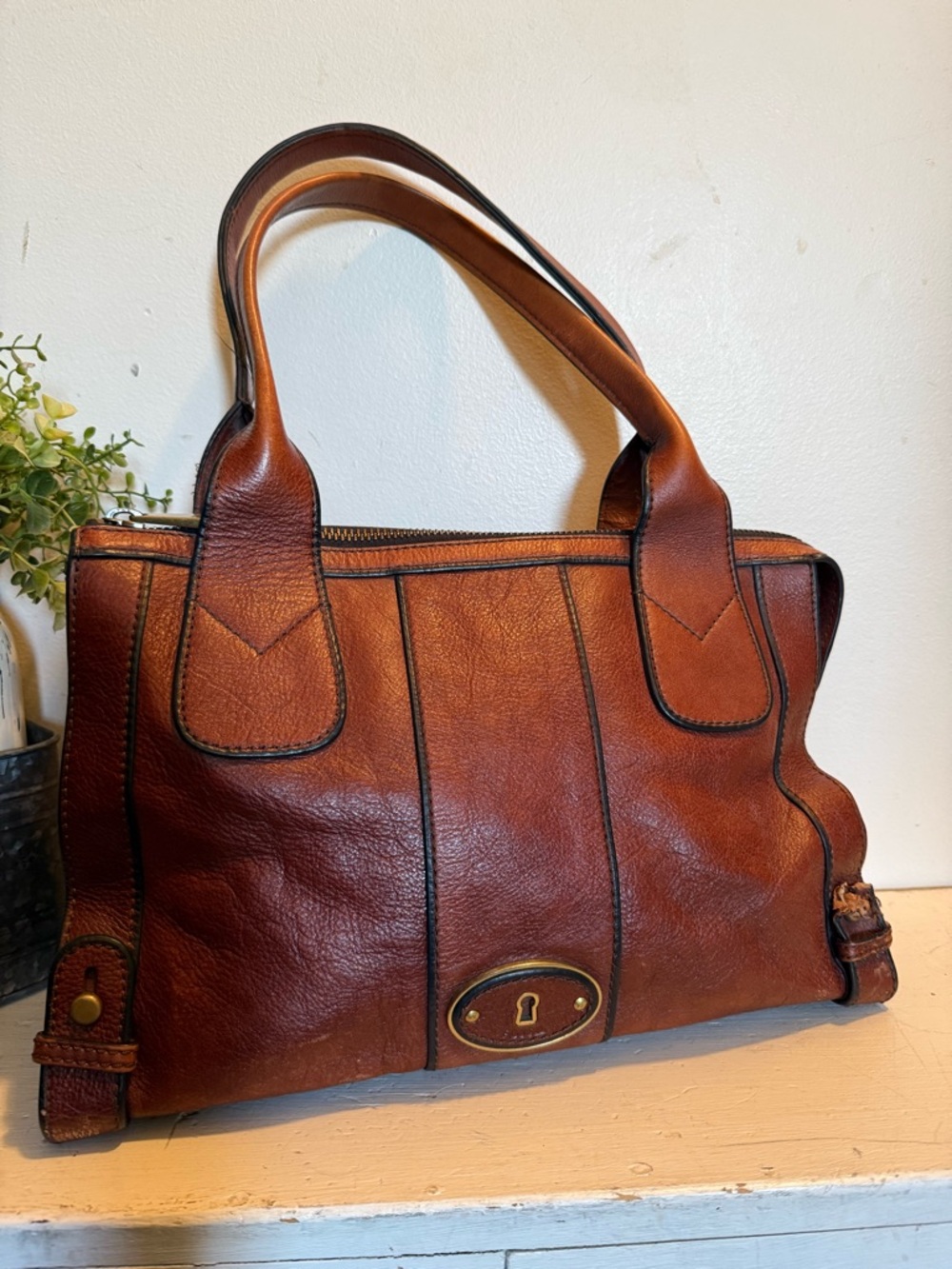 Vintage Fossil Reissue Large Satchel Handbag Chestnut  Brown Leather EUC